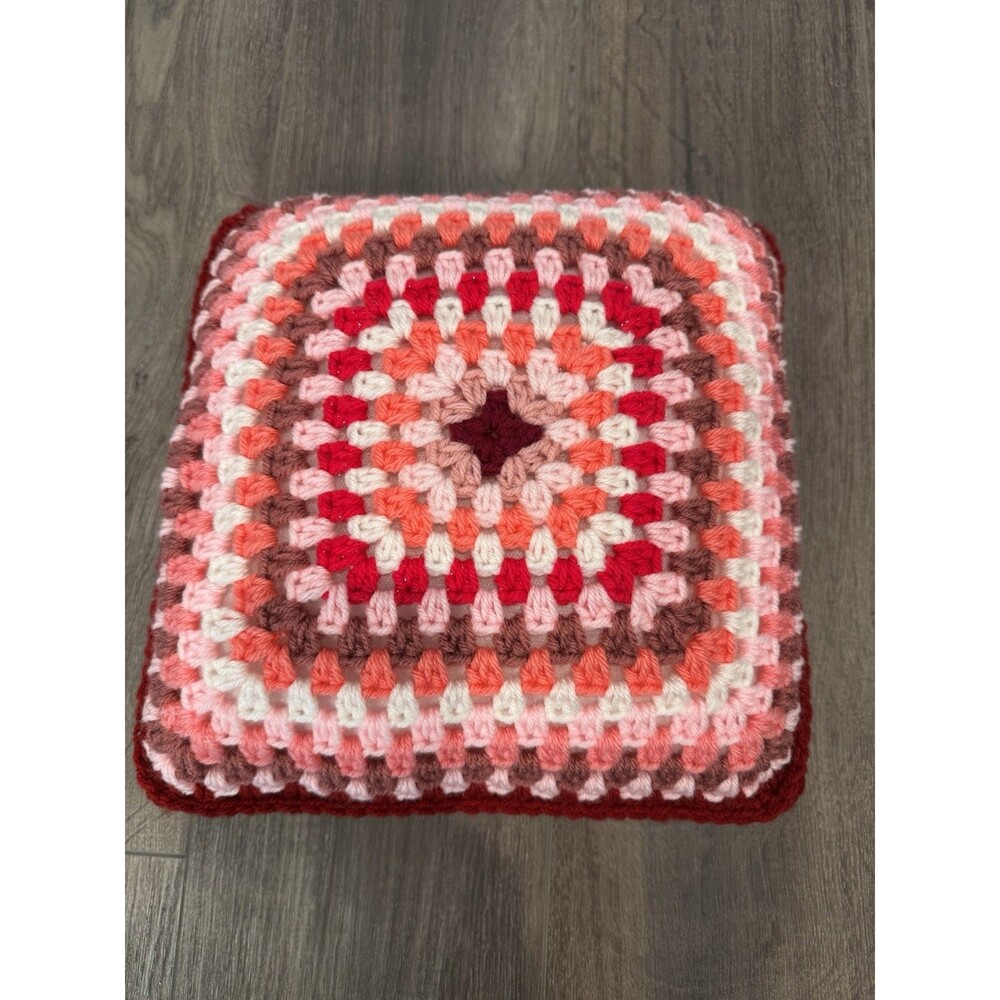 Handmade Crochet Granny Square Throw Pillow 11” Pink Red Retro Cottagecore